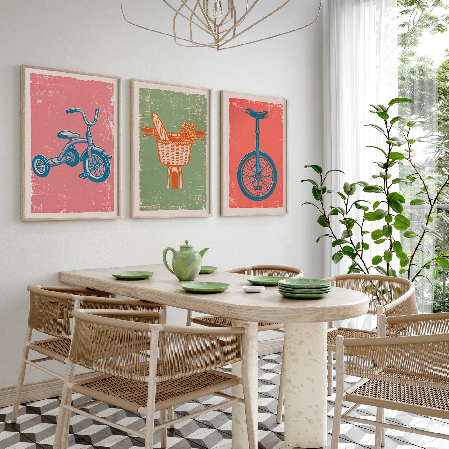 Tricycle, Bicycle Basket & Unicycle - Set of Three Bike Art Prints - Linocut Illustrations - Cycling Posters V2