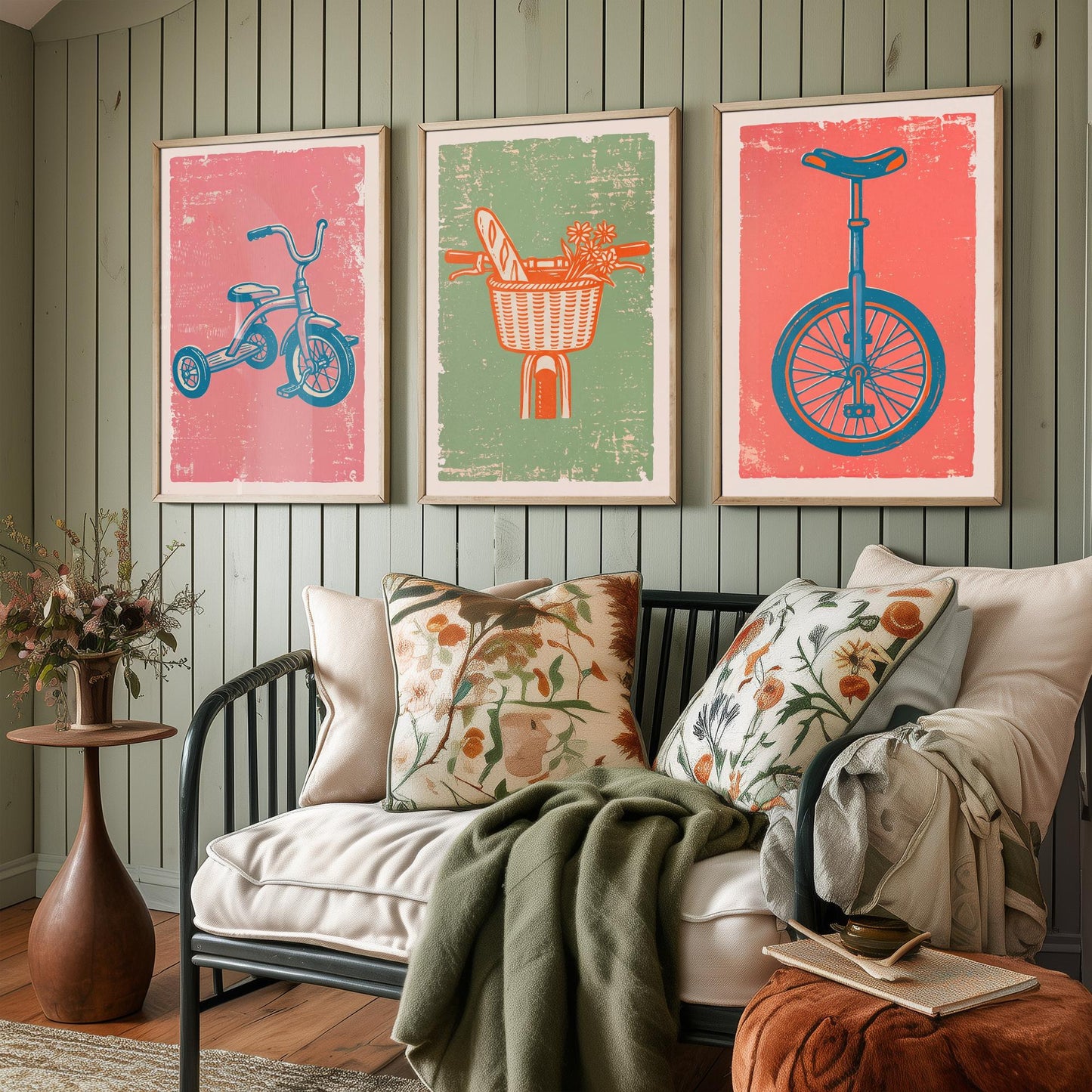 Tricycle, Bicycle Basket & Unicycle - Set of Three Bike Art Prints - Linocut Illustrations - Cycling Posters V2