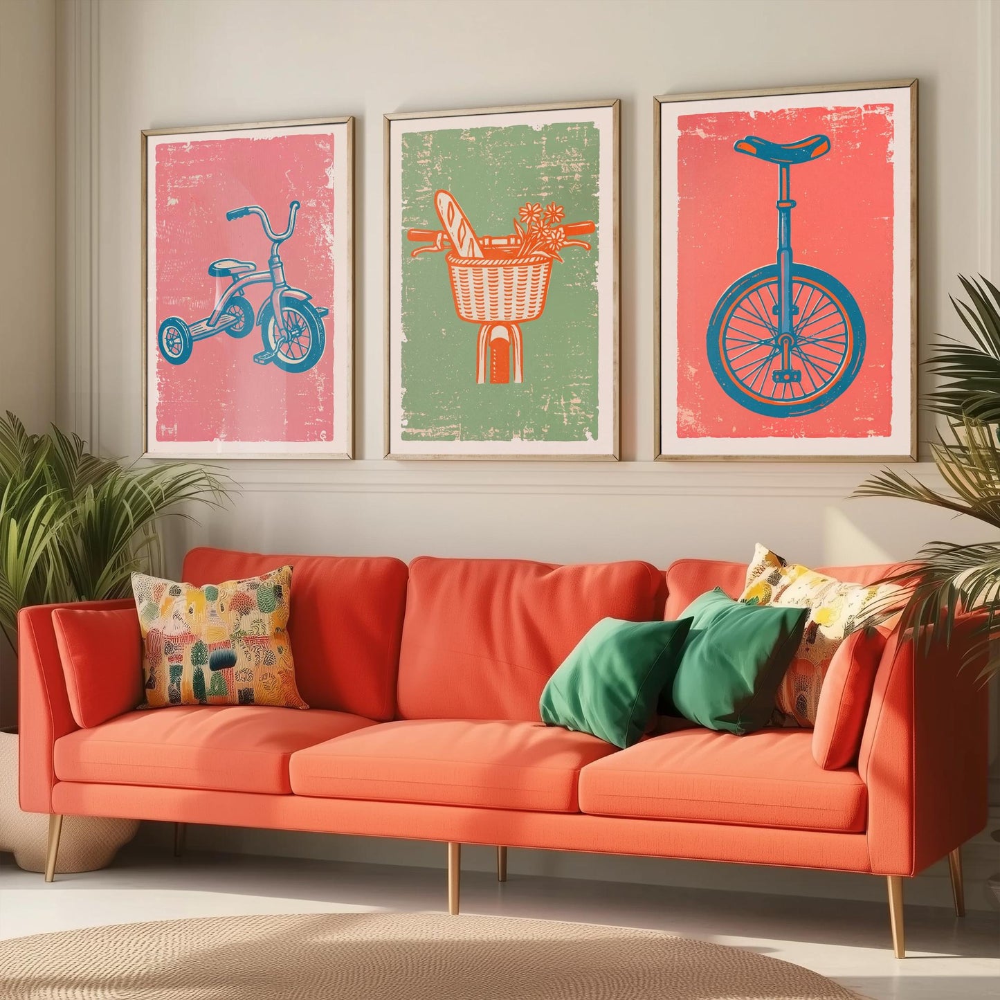 Tricycle, Bicycle Basket & Unicycle - Set of Three Bike Art Prints - Linocut Illustrations - Cycling Posters V2