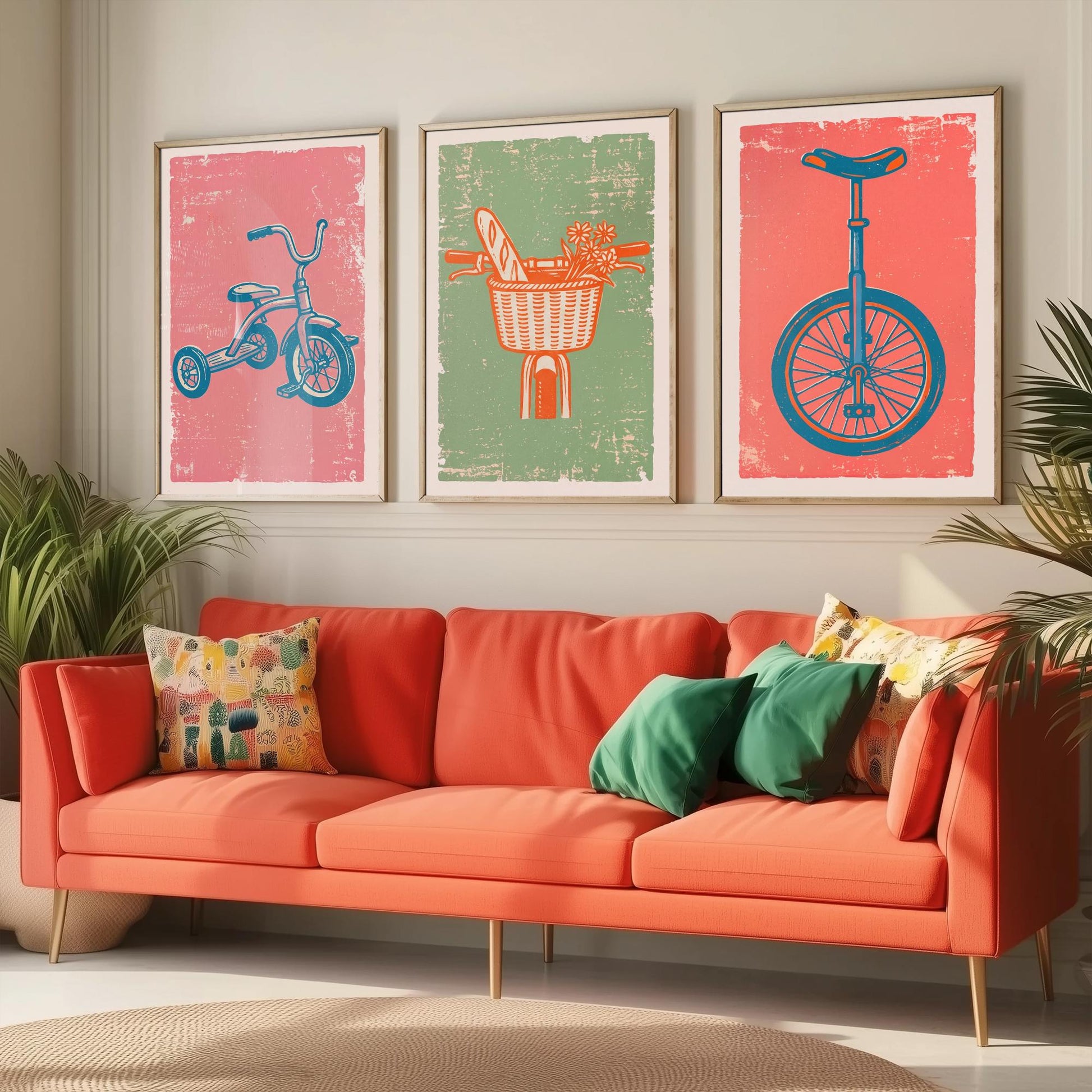 Tricycle, Bicycle Basket & Unicycle - Set of Three Bike Art Prints - Linocut Illustrations - Cycling Posters V2