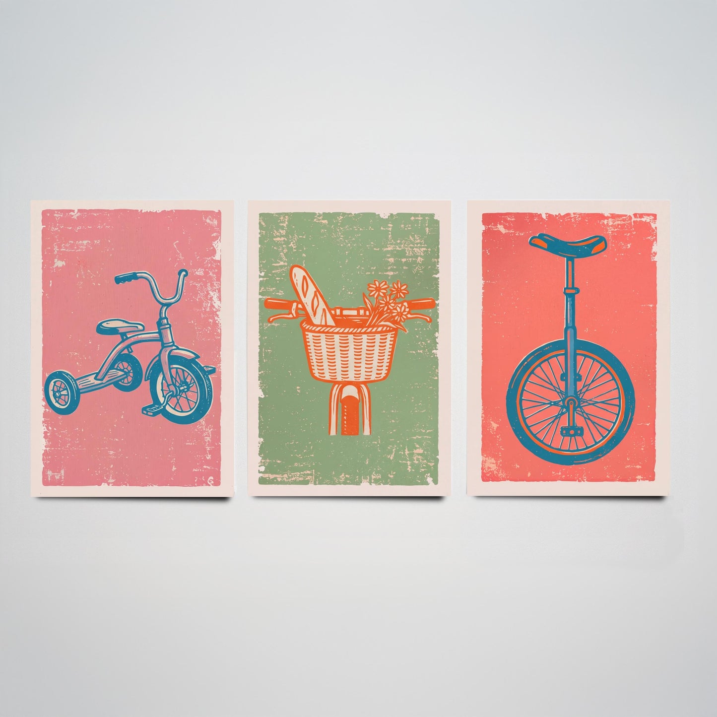 Tricycle, Bicycle Basket & Unicycle - Set of Three Bike Art Prints - Linocut Illustrations - Cycling Posters V2