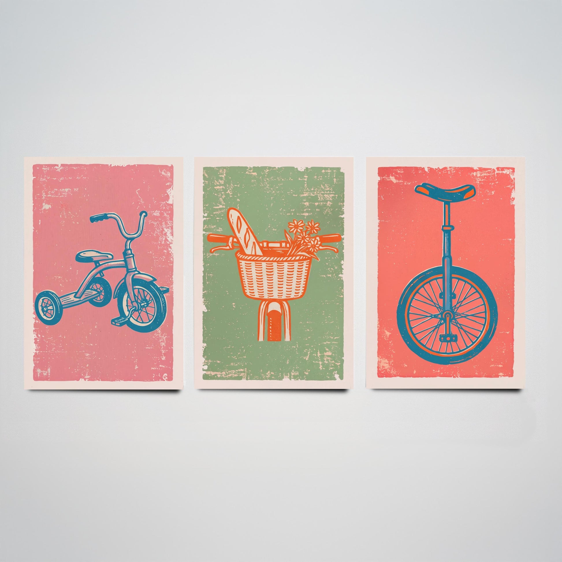 Tricycle, Bicycle Basket & Unicycle - Set of Three Bike Art Prints - Linocut Illustrations - Cycling Posters V2