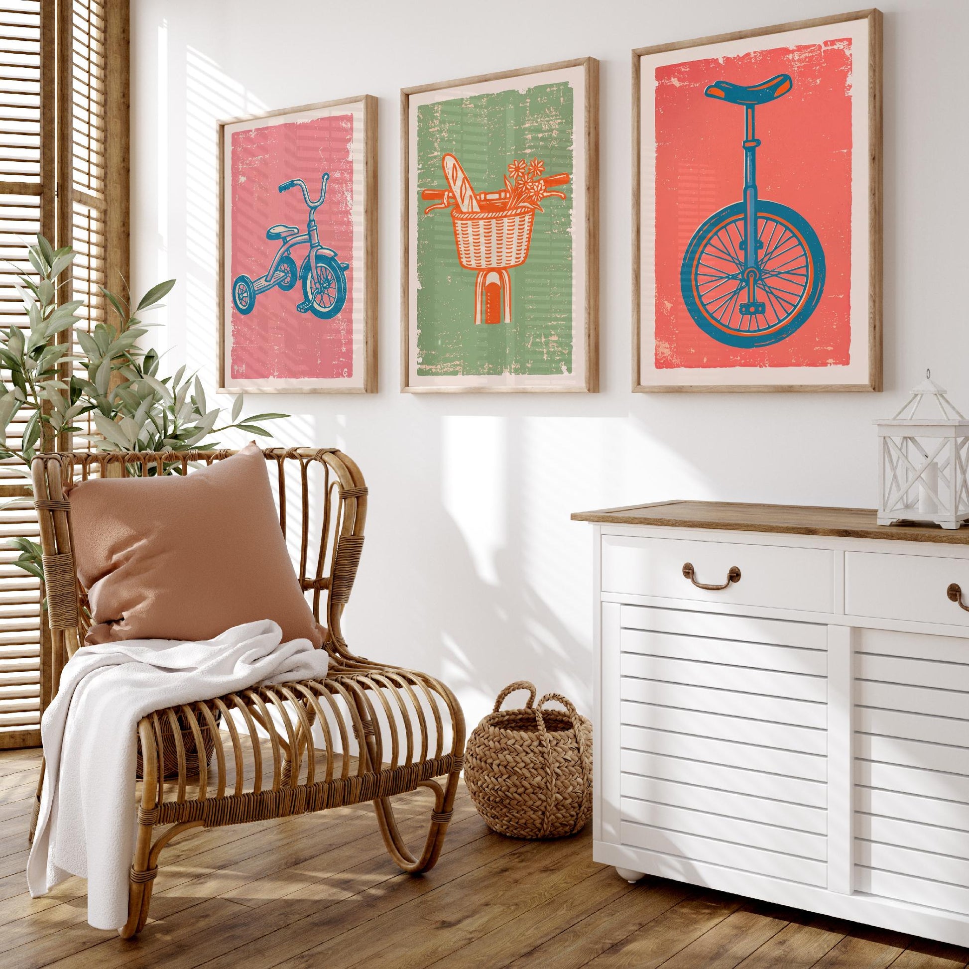 Tricycle, Bicycle Basket & Unicycle - Set of Three Bike Art Prints - Linocut Illustrations - Cycling Posters V2