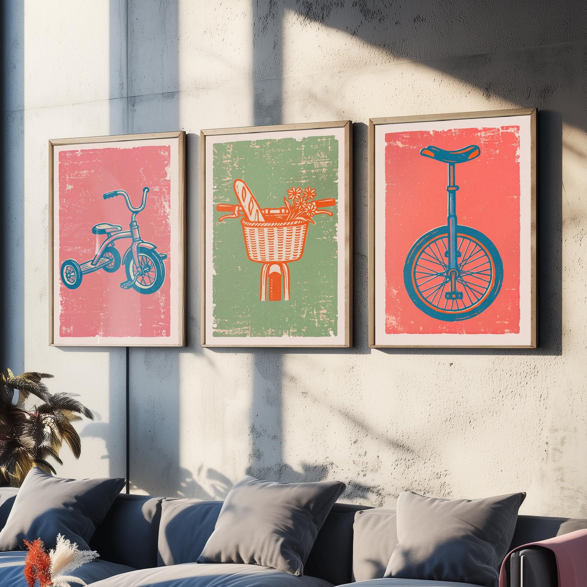 Tricycle, Bicycle Basket & Unicycle - Set of Three Bike Art Prints - Linocut Illustrations - Cycling Posters V2