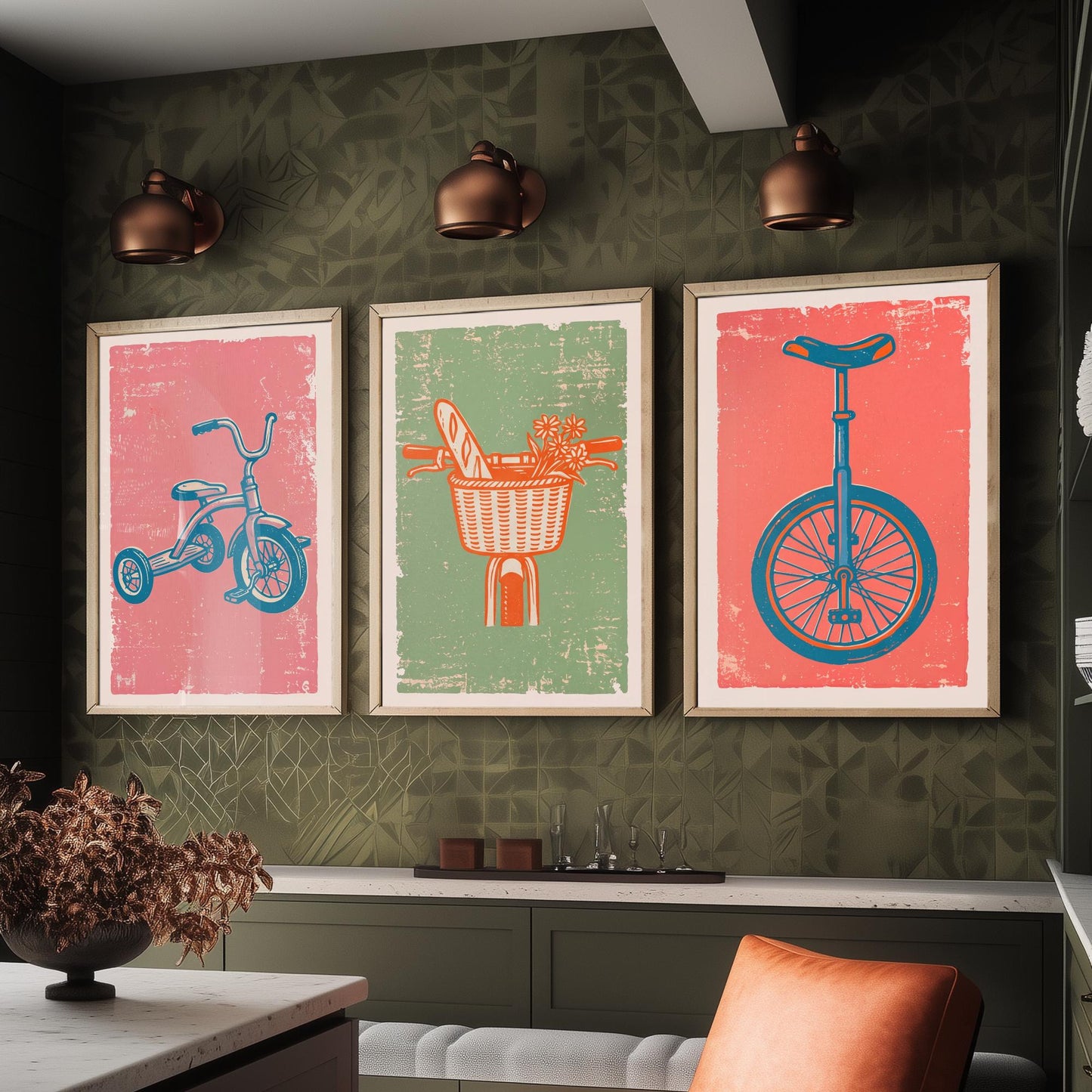 Tricycle, Bicycle Basket & Unicycle - Set of Three Bike Art Prints - Linocut Illustrations - Cycling Posters V2
