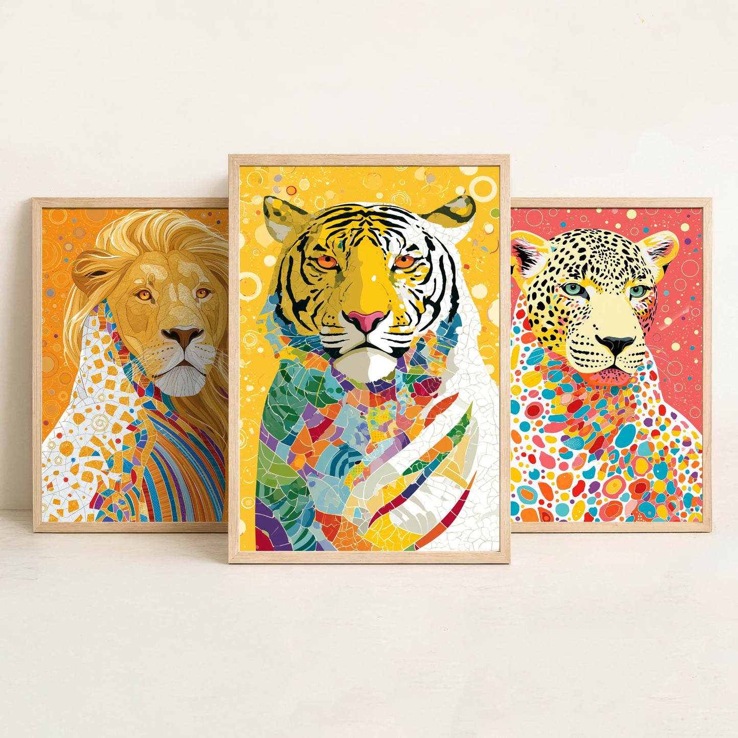 Big Cats Set of Three Art Prints - Lion, Leopard, Tiger - Colourful Wildlife Wall Art Poster Painting Gift Safari Decor