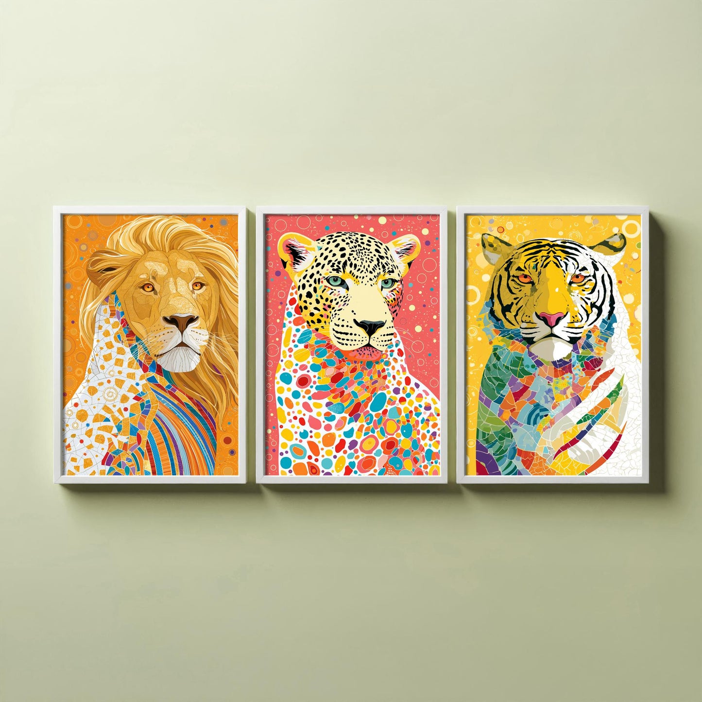 Big Cats Set of Three Art Prints - Lion, Leopard, Tiger - Colourful Wildlife Wall Art Poster Painting Gift Safari Decor
