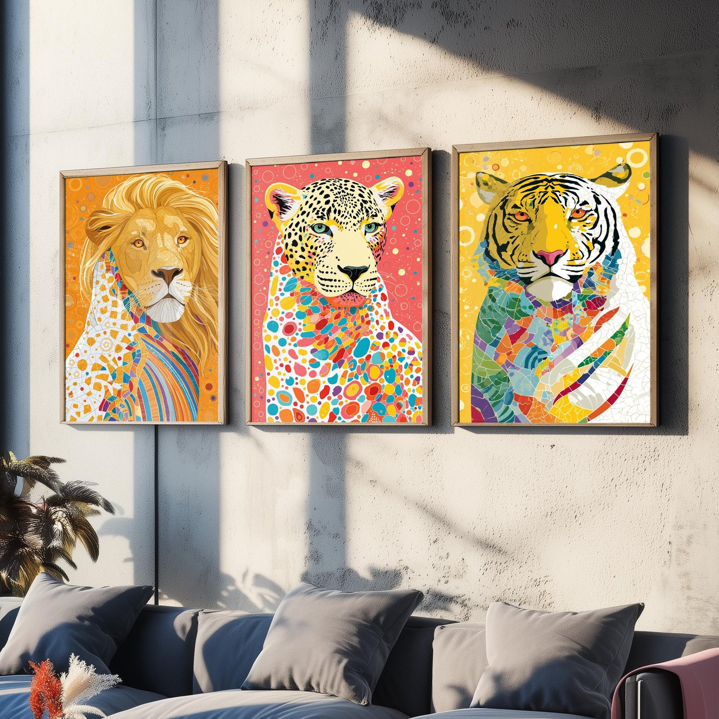 Big Cats Set of Three Art Prints - Lion, Leopard, Tiger - Colourful Wildlife Wall Art Poster Painting Gift Safari Decor