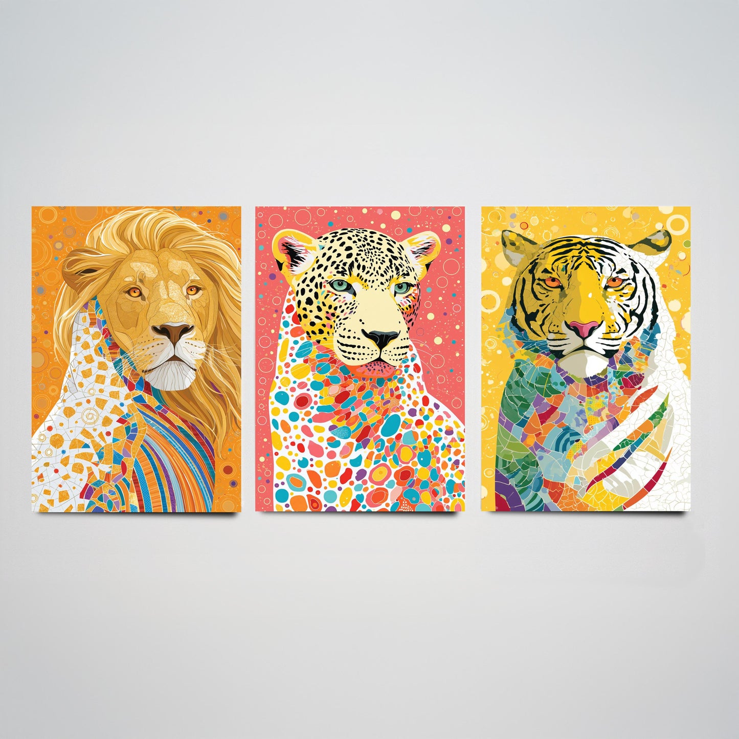 Big Cats Set of Three Art Prints - Lion, Leopard, Tiger - Colourful Wildlife Wall Art Poster Painting Gift Safari Decor