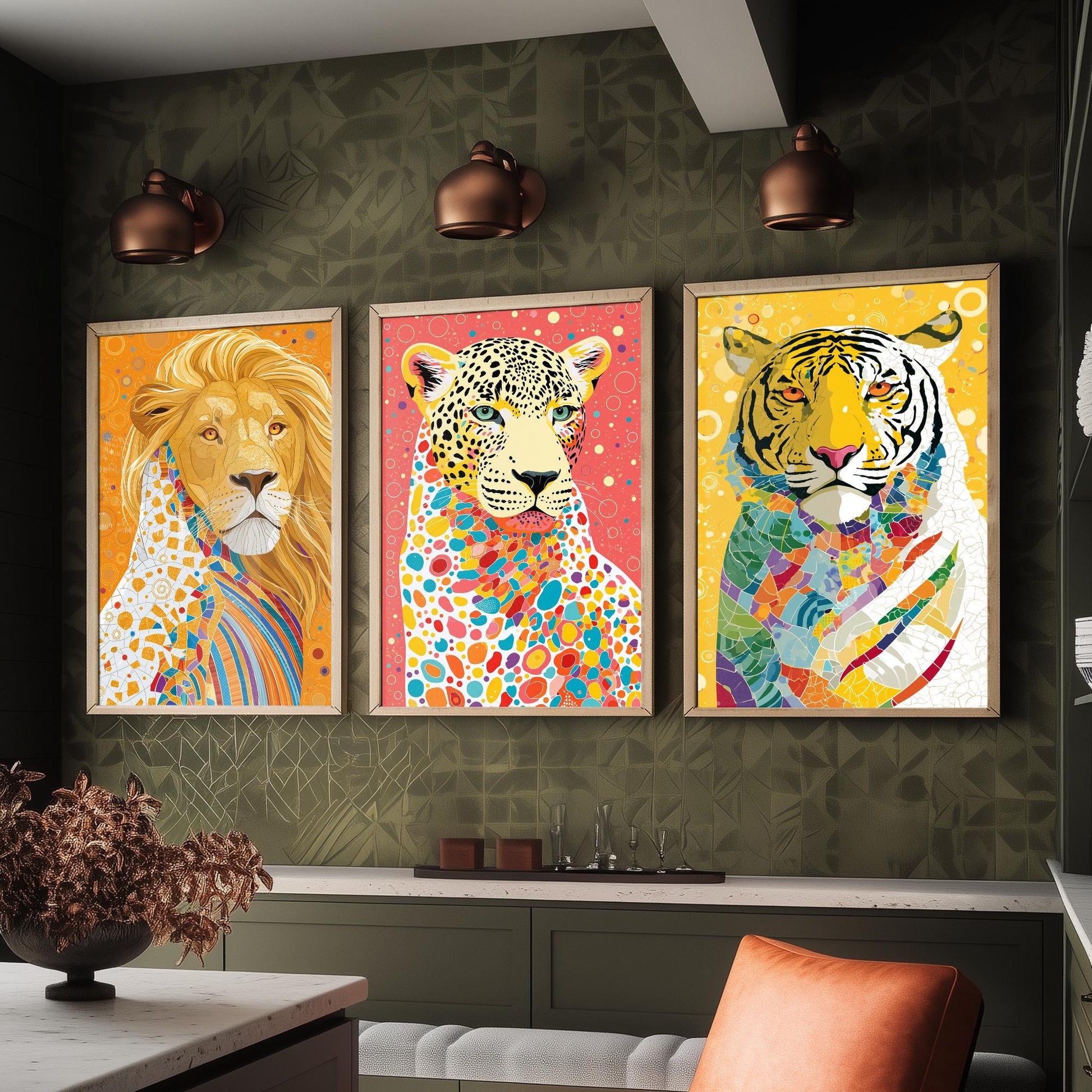 Big Cats Set of Three Art Prints - Lion, Leopard, Tiger - Colourful Wildlife Wall Art Poster Painting Gift Safari Decor