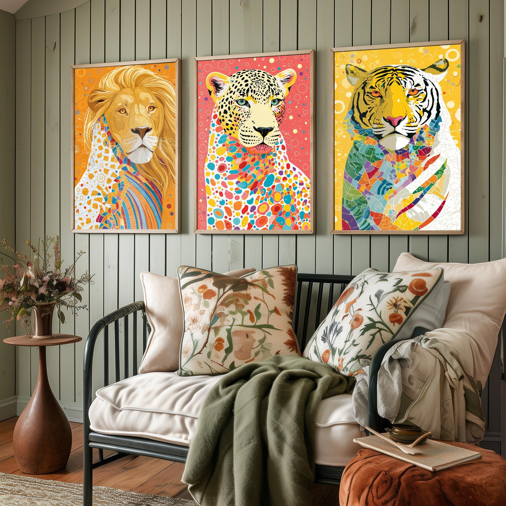 Big Cats Set of Three Art Prints - Lion, Leopard, Tiger - Colourful Wildlife Wall Art Poster Painting Gift Safari Decor