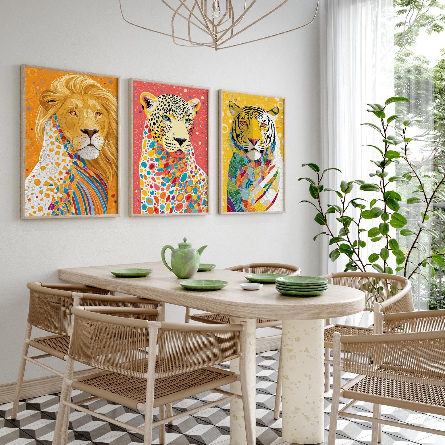 Big Cats Set of Three Art Prints - Lion, Leopard, Tiger - Colourful Wildlife Wall Art Poster Painting Gift Safari Decor