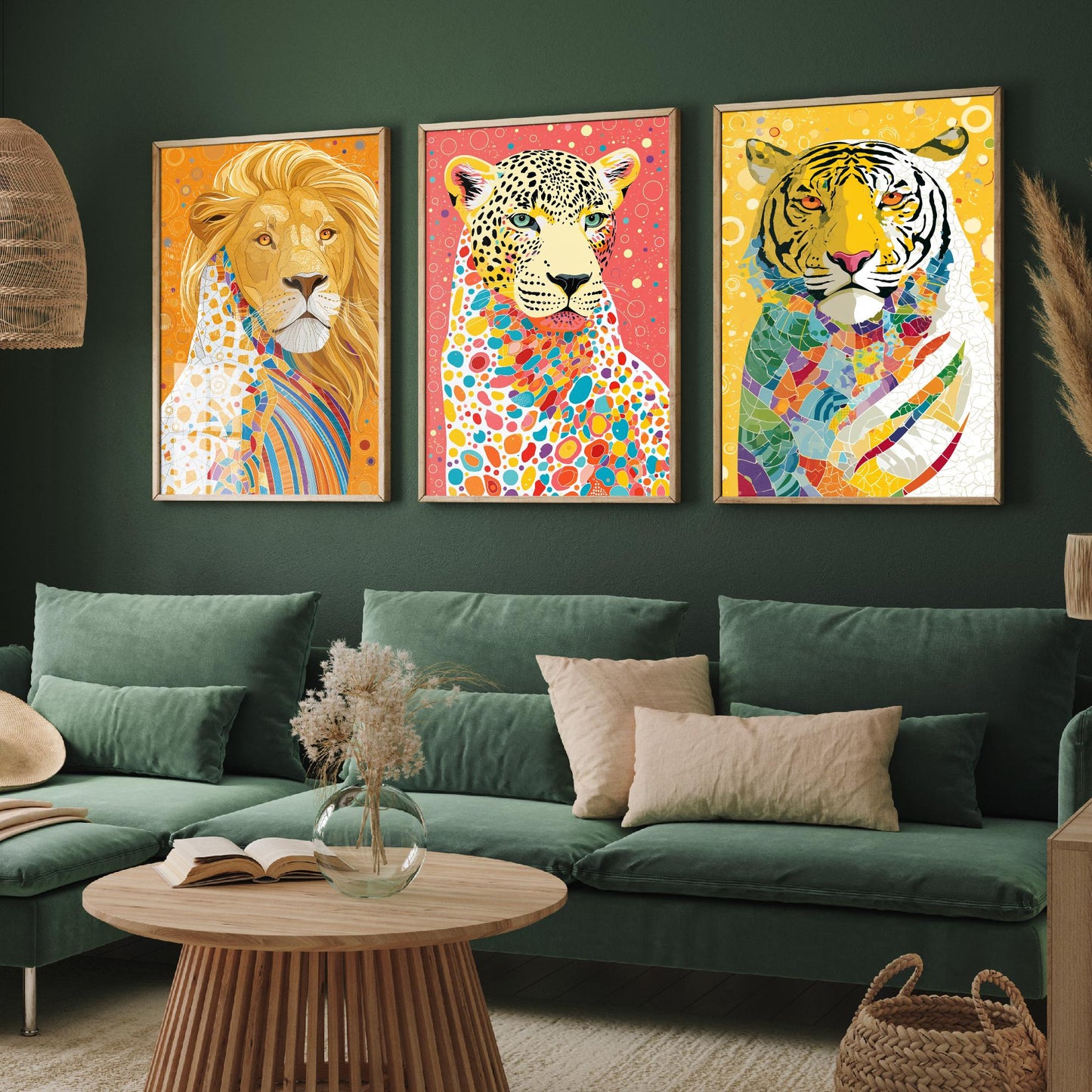 Big Cats Set of Three Art Prints - Lion, Leopard, Tiger - Colourful Wildlife Wall Art Poster Painting Gift Safari Decor