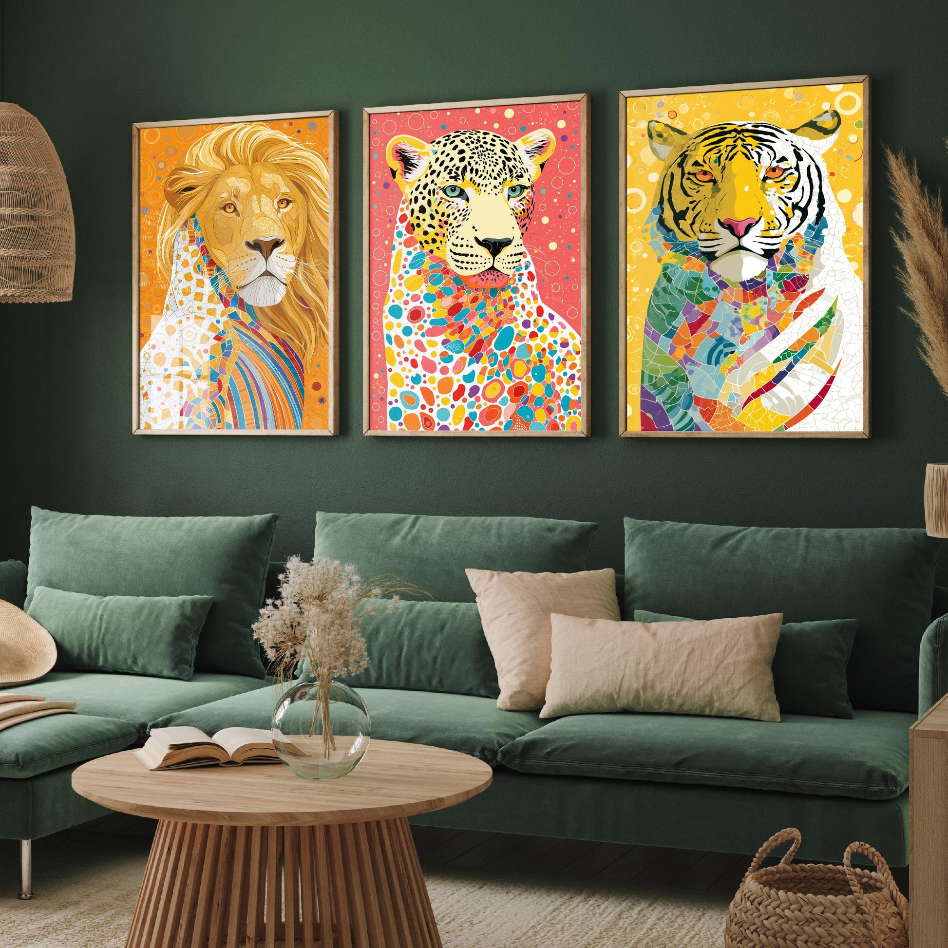 Big Cats Set of Three Art Prints - Lion, Leopard, Tiger - Colourful Wildlife Wall Art Poster Painting Gift Safari Decor