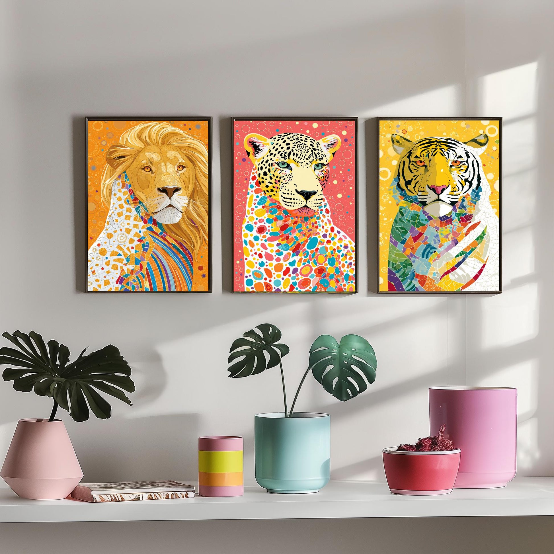 Big Cats Set of Three Art Prints - Lion, Leopard, Tiger - Colourful Wildlife Wall Art Poster Painting Gift Safari Decor
