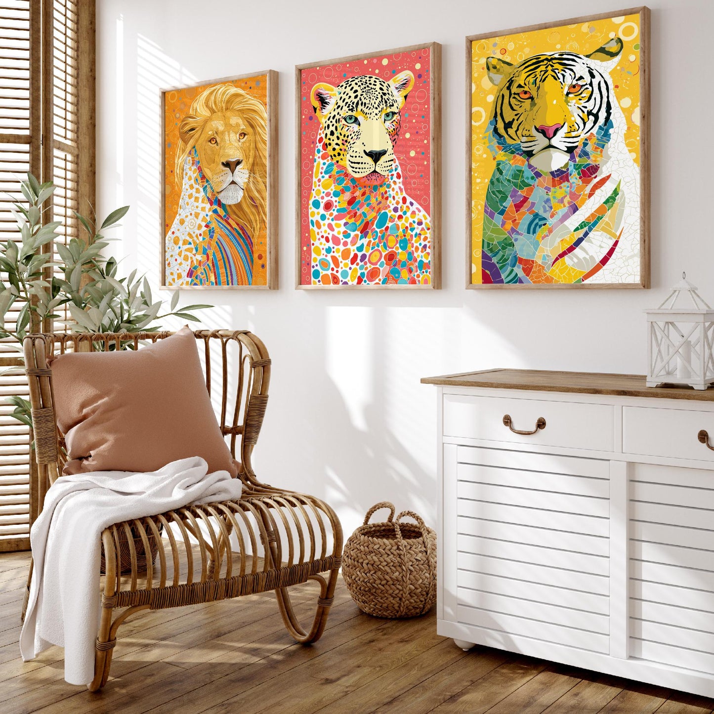 Big Cats Set of Three Art Prints - Lion, Leopard, Tiger - Colourful Wildlife Wall Art Poster Painting Gift Safari Decor