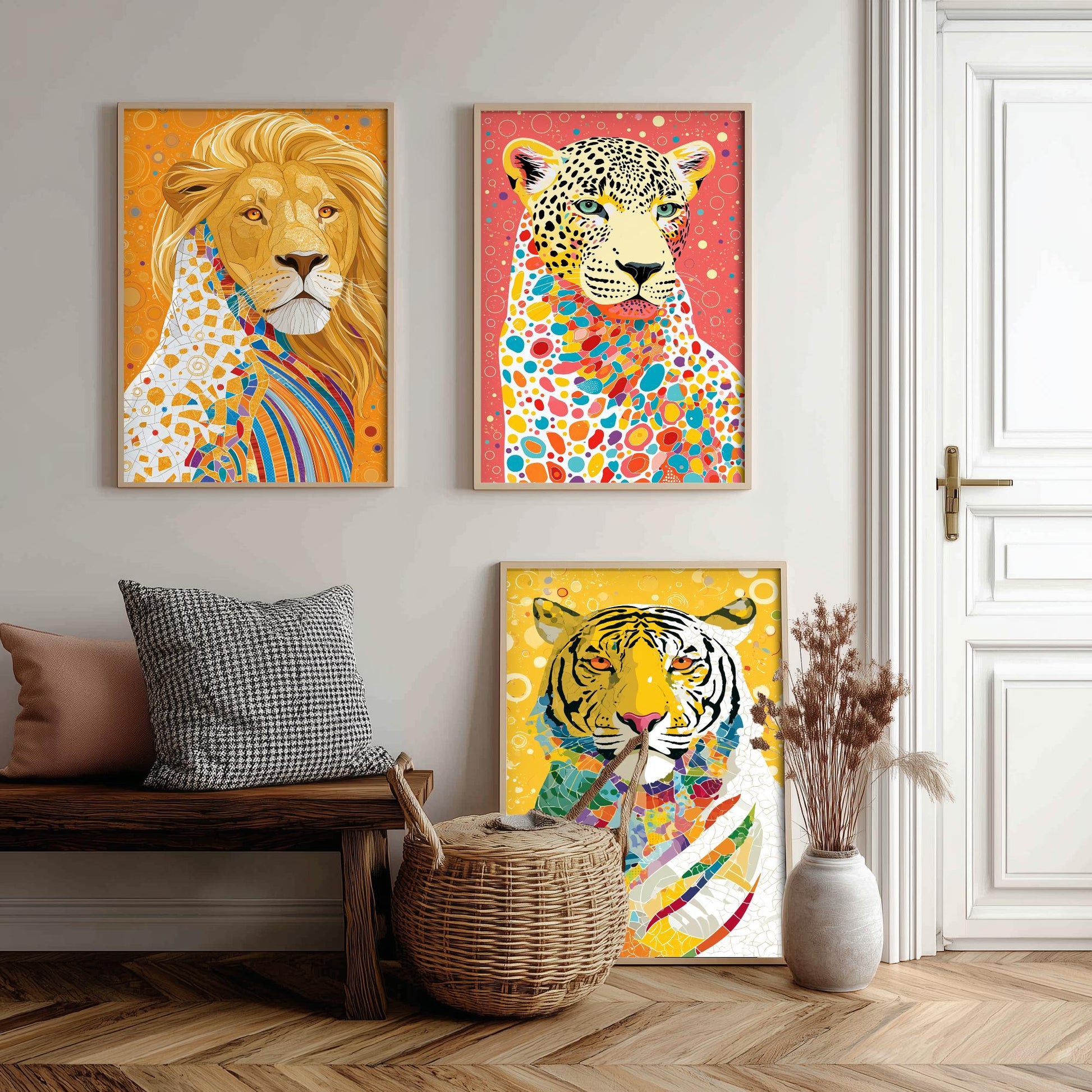 Big Cats Set of Three Art Prints - Lion, Leopard, Tiger - Colourful Wildlife Wall Art Poster Painting Gift Safari Decor