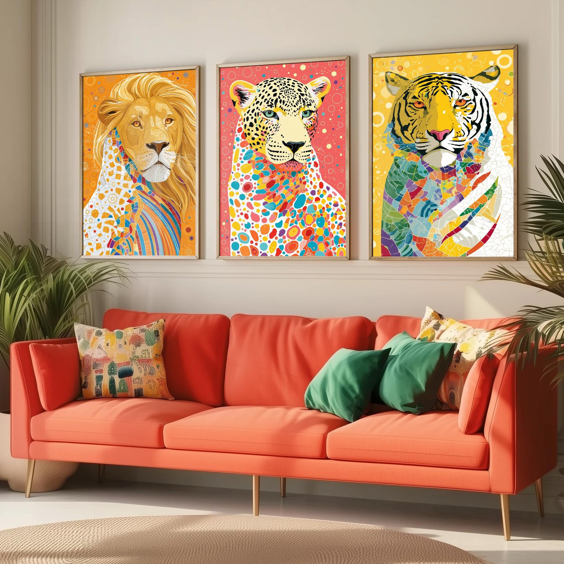 Big Cats Set of Three Art Prints - Lion, Leopard, Tiger - Colourful Wildlife Wall Art Poster Painting Gift Safari Decor