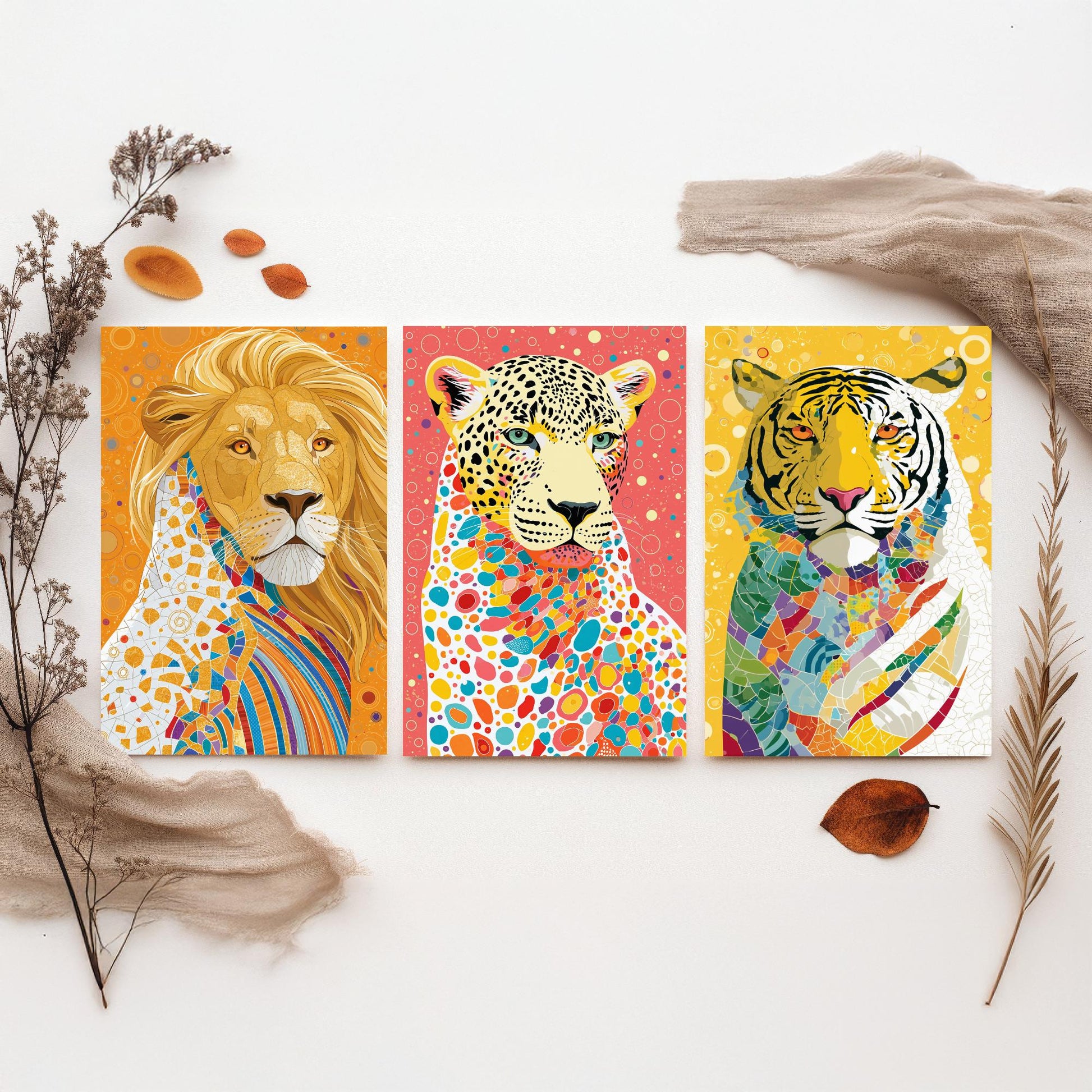 Big Cats Set of Three Art Prints - Lion, Leopard, Tiger - Colourful Wildlife Wall Art Poster Painting Gift Safari Decor
