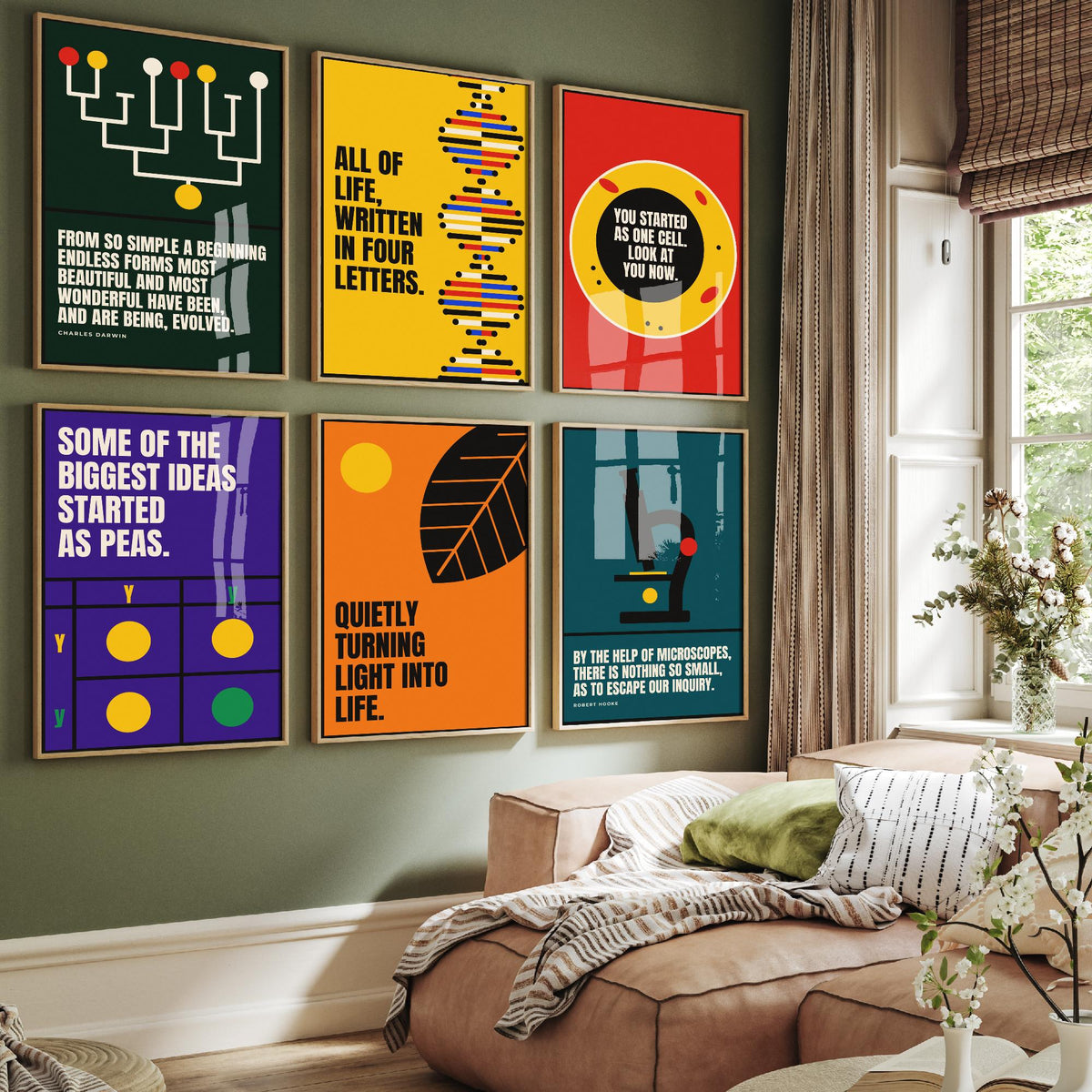 Set of Six Biology Quote Art Prints - 6 Bauhaus Nature Science Posters - Minimalist Science Illustration - DNA, Microscope, Evolution