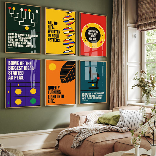 Set of Six Biology Quote Art Prints - 6 Bauhaus Nature Science Posters - Minimalist Science Illustration - DNA, Microscope, Evolution