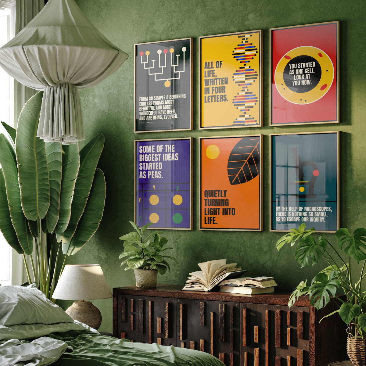 Set of Six Biology Quote Art Prints - 6 Bauhaus Nature Science Posters - Minimalist Science Illustration - DNA, Microscope, Evolution