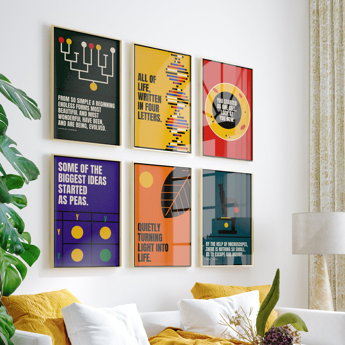 Set of Six Biology Quote Art Prints - 6 Bauhaus Nature Science Posters - Minimalist Science Illustration - DNA, Microscope, Evolution