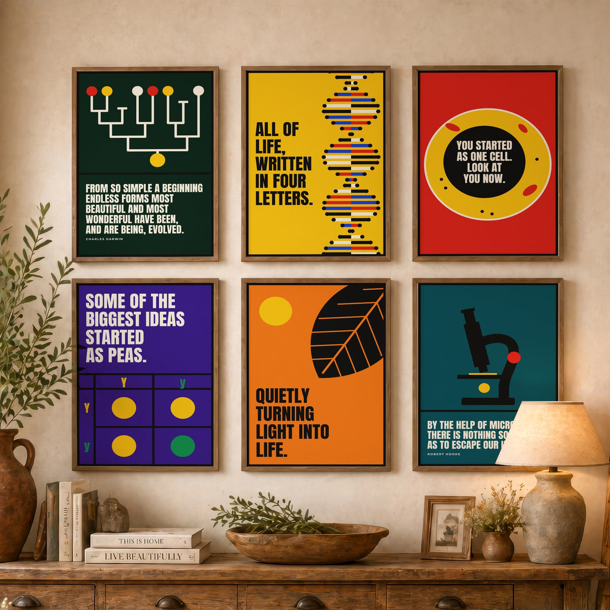 Set of Six Biology Quote Art Prints - 6 Bauhaus Nature Science Posters - Minimalist Science Illustration - DNA, Microscope, Evolution