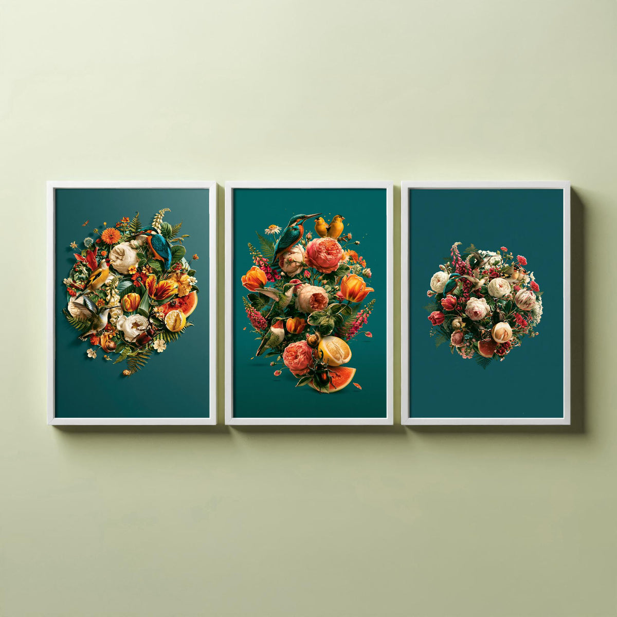 Birds and Blooms Set of Three Art Prints - Heart, Bouquet and Posy with Kingfisher - Teal Maximalist Collage Illustration Posters