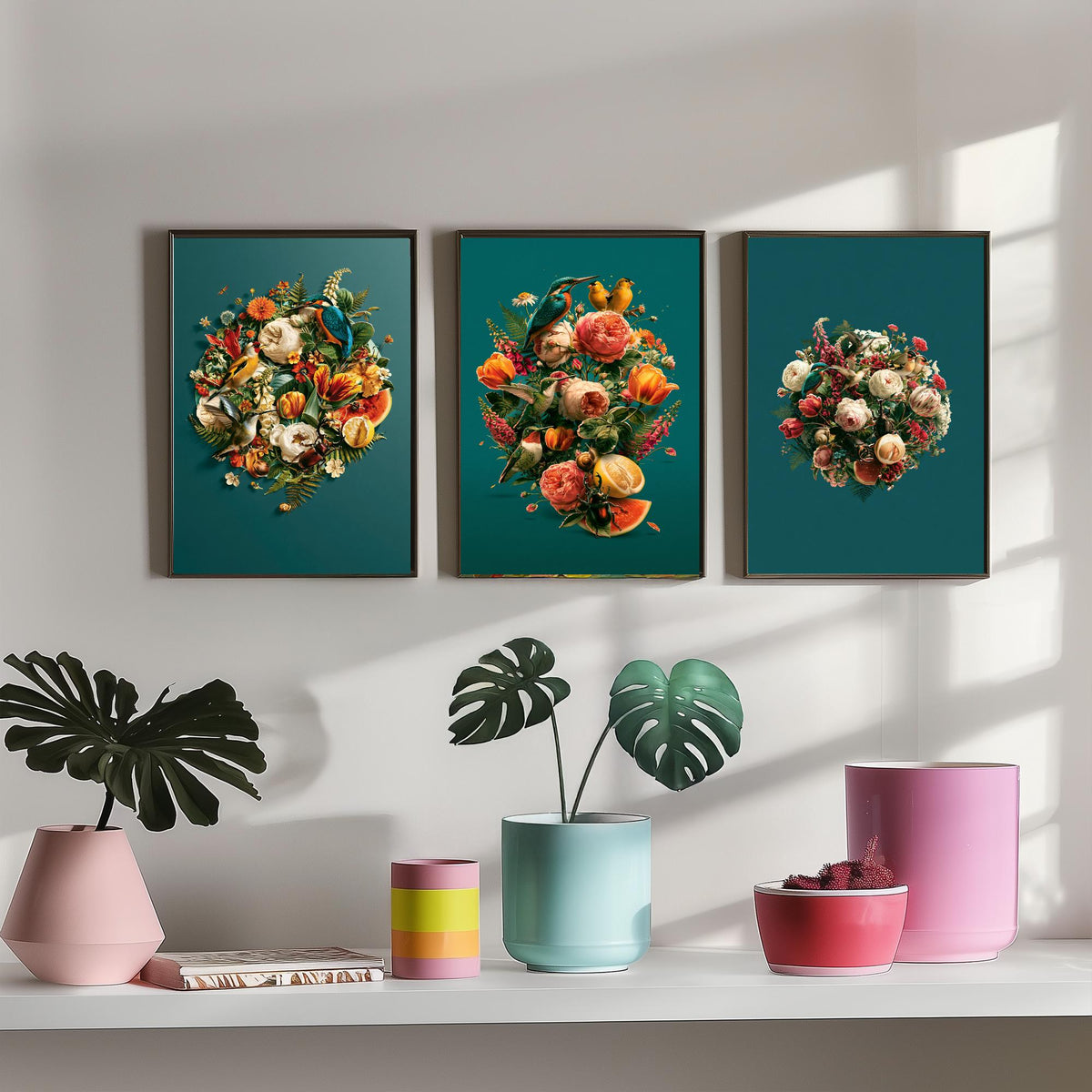 Birds and Blooms Set of Three Art Prints - Heart, Bouquet and Posy with Kingfisher - Teal Maximalist Collage Illustration Posters