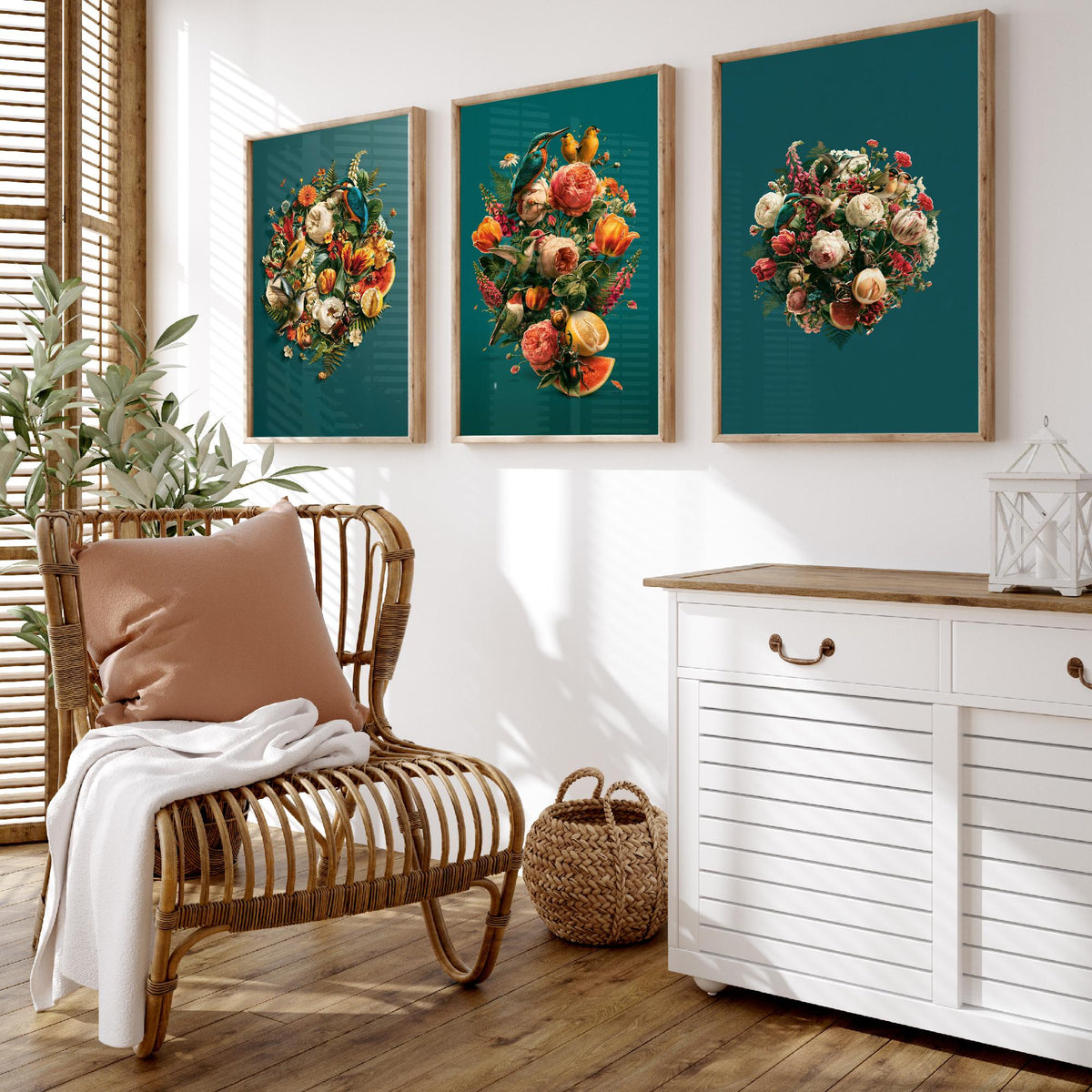 Birds and Blooms Set of Three Art Prints - Heart, Bouquet and Posy with Kingfisher - Teal Maximalist Collage Illustration Posters