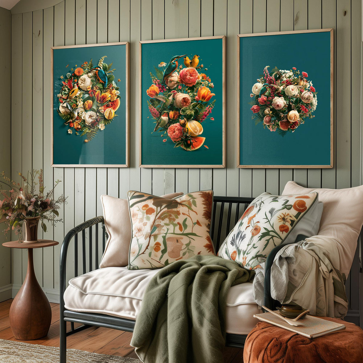 Birds and Blooms Set of Three Art Prints - Heart, Bouquet and Posy with Kingfisher - Teal Maximalist Collage Illustration Posters