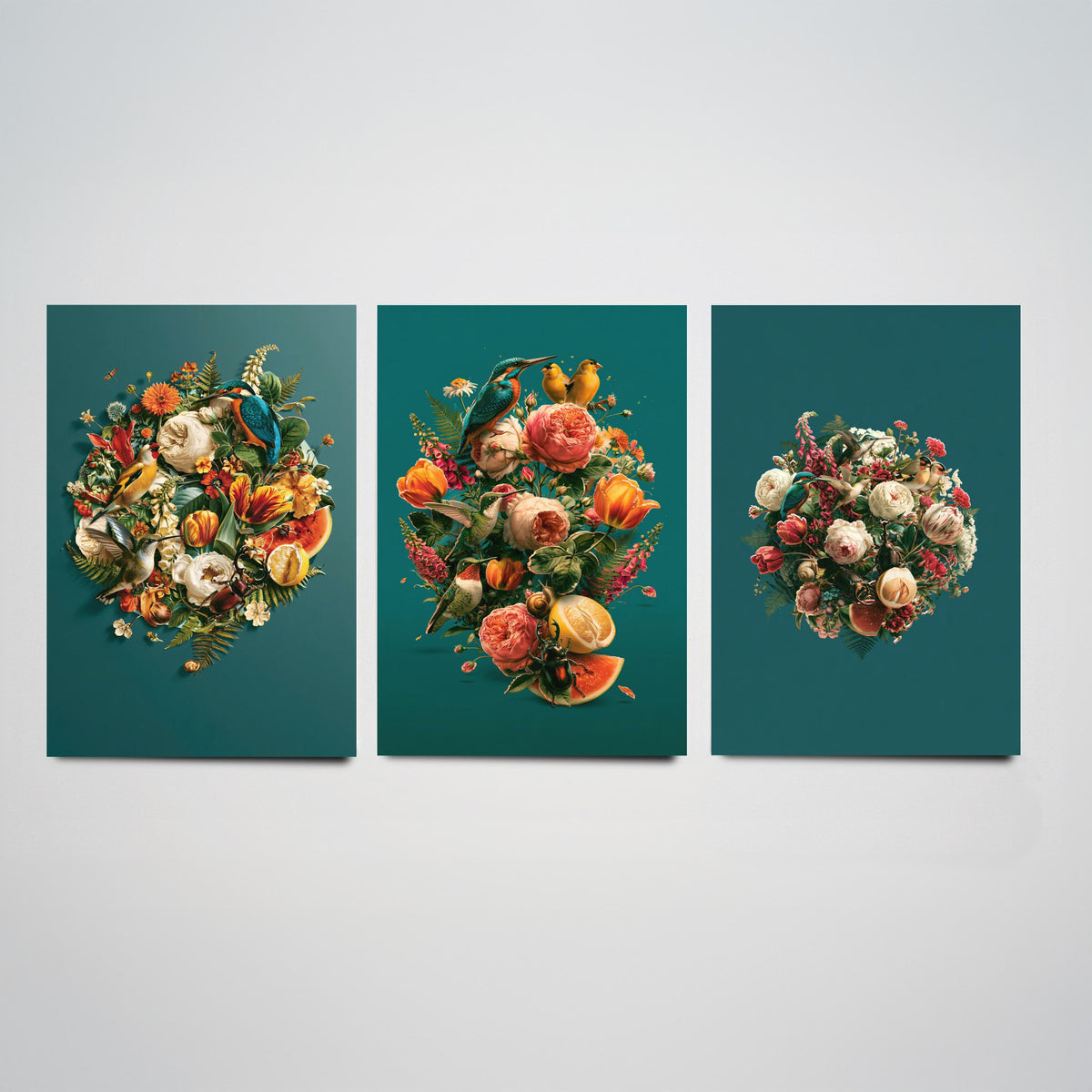 Birds and Blooms Set of Three Art Prints - Heart, Bouquet and Posy with Kingfisher - Teal Maximalist Collage Illustration Posters