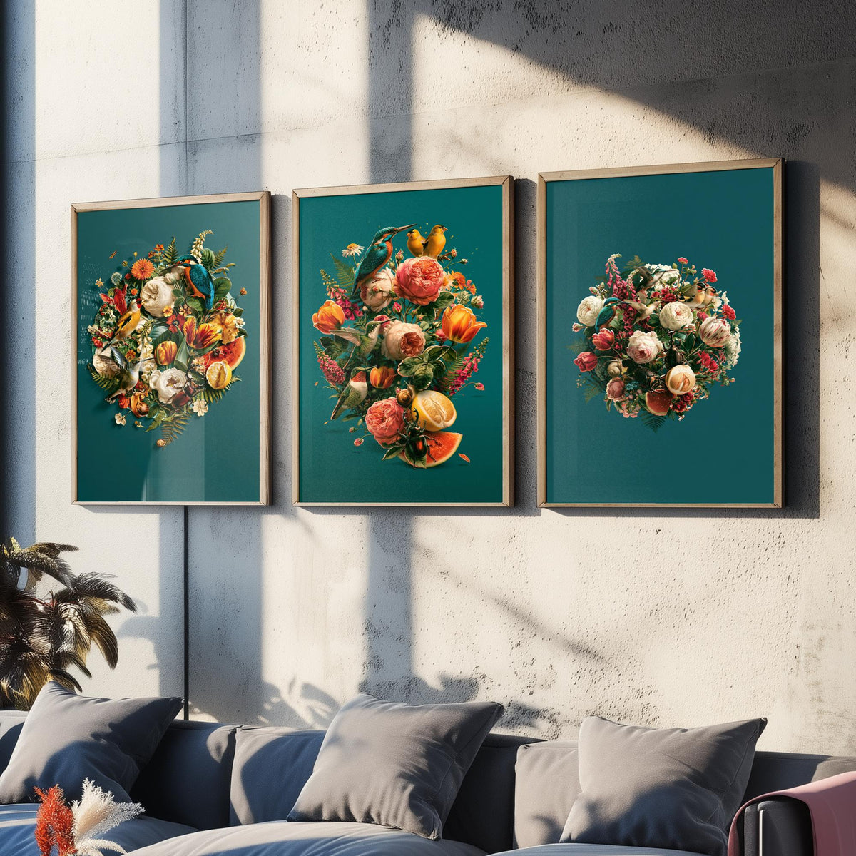 Birds and Blooms Set of Three Art Prints - Heart, Bouquet and Posy with Kingfisher - Teal Maximalist Collage Illustration Posters