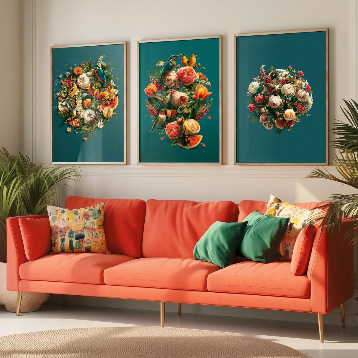 Birds and Blooms Set of Three Art Prints - Heart, Bouquet and Posy with Kingfisher - Teal Maximalist Collage Illustration Posters
