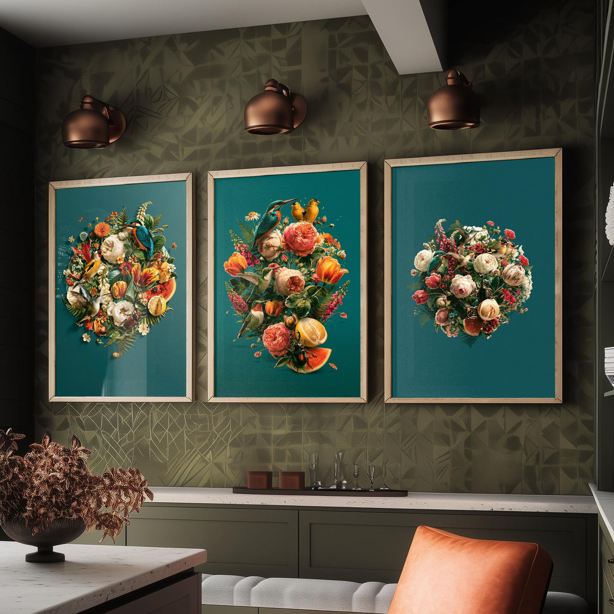 Birds and Blooms Set of Three Art Prints - Heart, Bouquet and Posy with Kingfisher - Teal Maximalist Collage Illustration Posters
