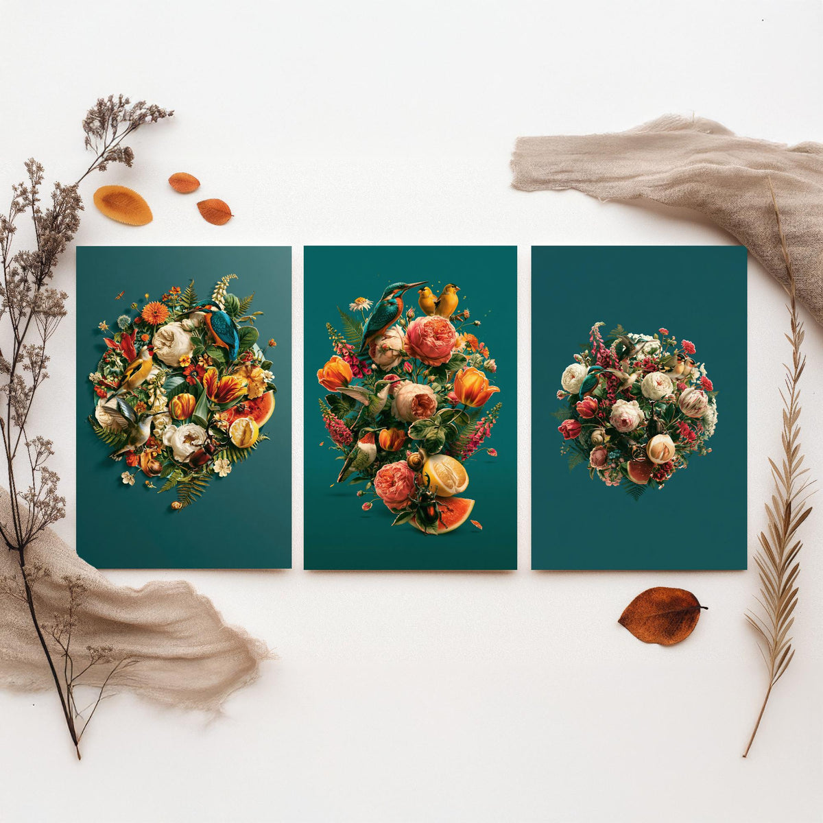 Birds and Blooms Set of Three Art Prints - Heart, Bouquet and Posy with Kingfisher - Teal Maximalist Collage Illustration Posters