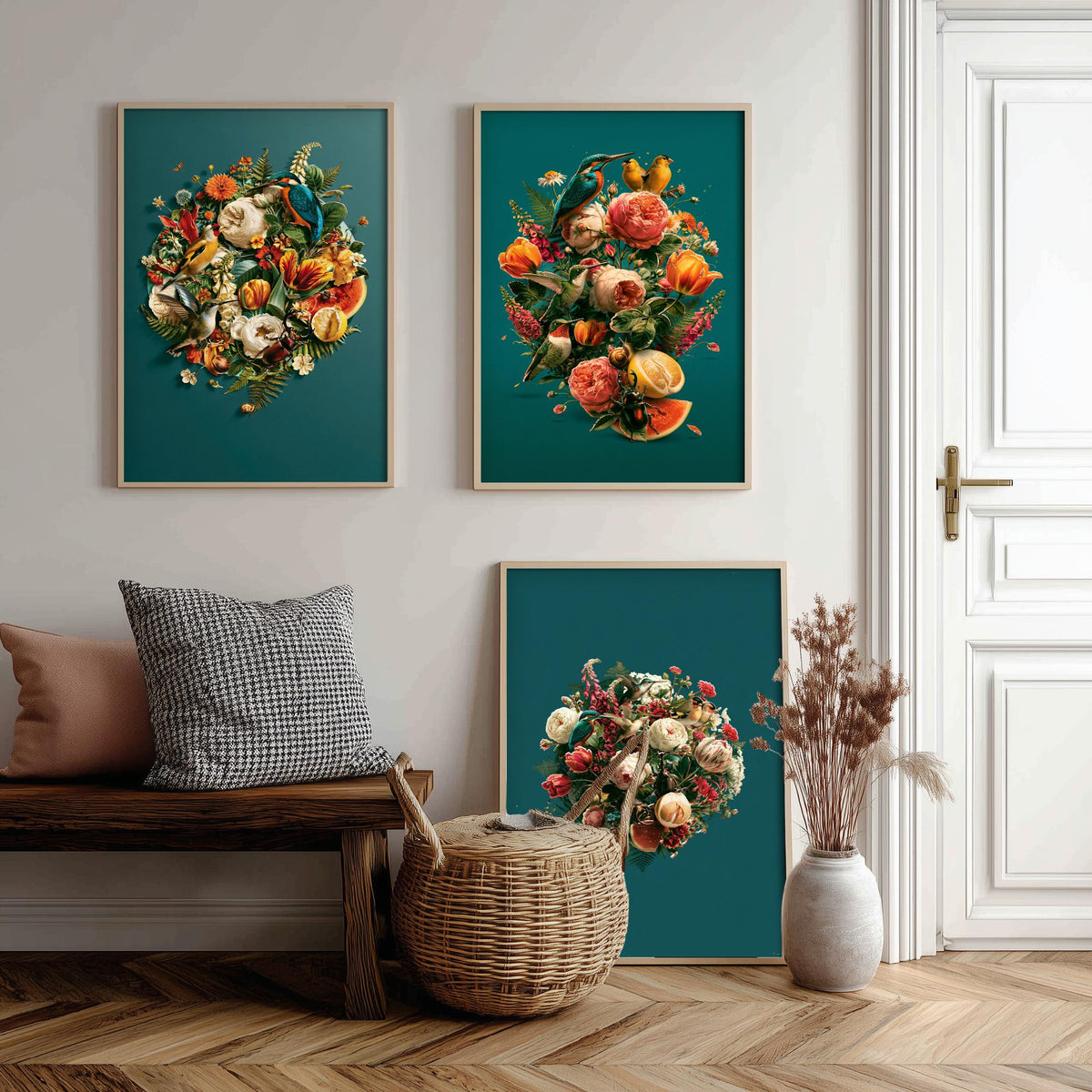 Birds and Blooms Set of Three Art Prints - Heart, Bouquet and Posy with Kingfisher - Teal Maximalist Collage Illustration Posters