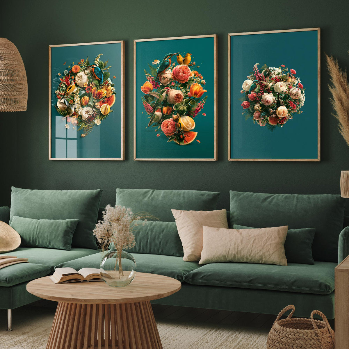 Birds and Blooms Set of Three Art Prints - Heart, Bouquet and Posy with Kingfisher - Teal Maximalist Collage Illustration Posters