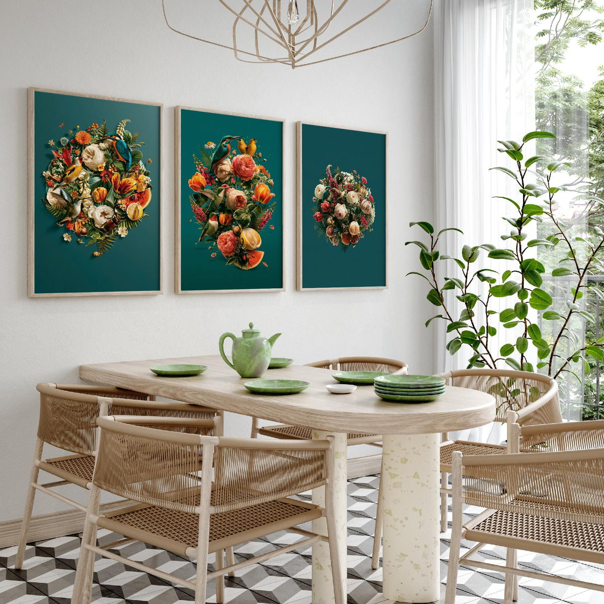 Birds and Blooms Set of Three Art Prints - Heart, Bouquet and Posy with Kingfisher - Teal Maximalist Collage Illustration Posters