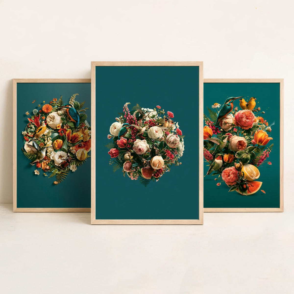Birds and Blooms Set of Three Art Prints - Heart, Bouquet and Posy with Kingfisher - Teal Maximalist Collage Illustration Posters
