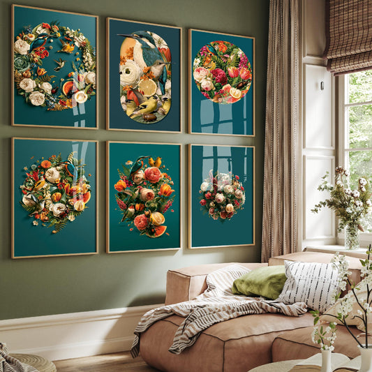 Set of Six Birds and Blooms Art Prints - 6 Maximalist Vintage Collage Illustrations - Kingfisher, Goldfinch and Rose Wreath Poster