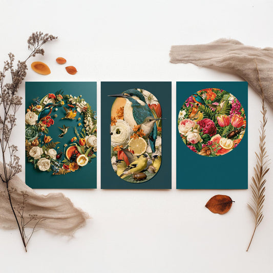 Birds and Blooms Set of Three Art Prints - Floral Wreath, Kingfisher Arch and Circle Posy - Teal Maximalist Collage Illustration Posters