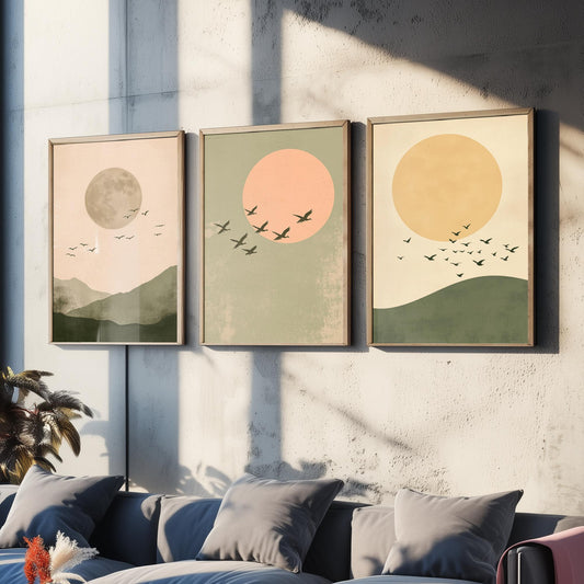 Birds in the Sky Set of Three Art Prints - Olive Green Boho Sun and Moon Posters - Minimalist Bird Flock Illustration Decor