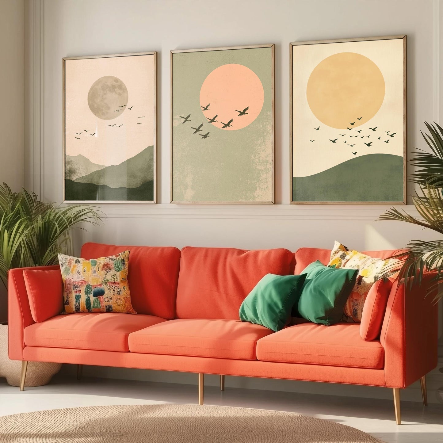 Birds in the Sky Set of Three Art Prints - Olive Green Boho Sun and Moon Posters - Minimalist Bird Flock Illustration Decor