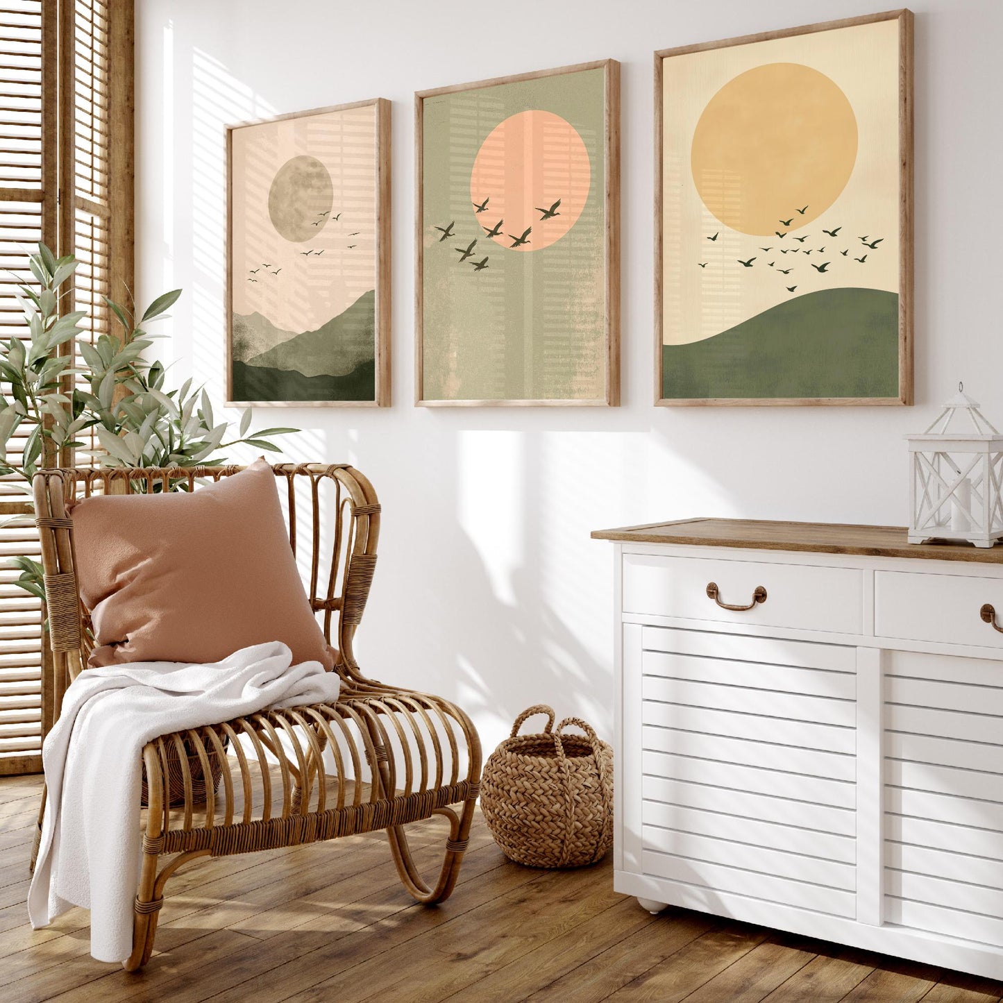Birds in the Sky Set of Three Art Prints - Olive Green Boho Sun and Moon Posters - Minimalist Bird Flock Illustration Decor