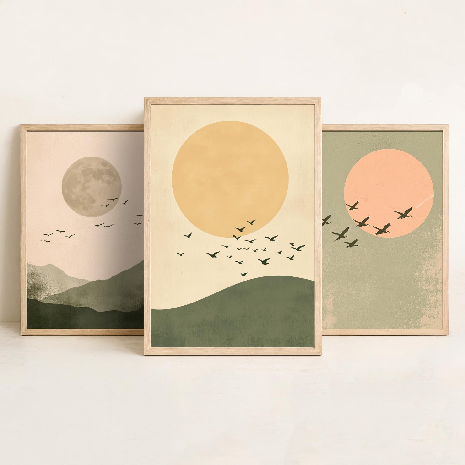 Birds in the Sky Set of Three Art Prints - Olive Green Boho Sun and Moon Posters - Minimalist Bird Flock Illustration Decor