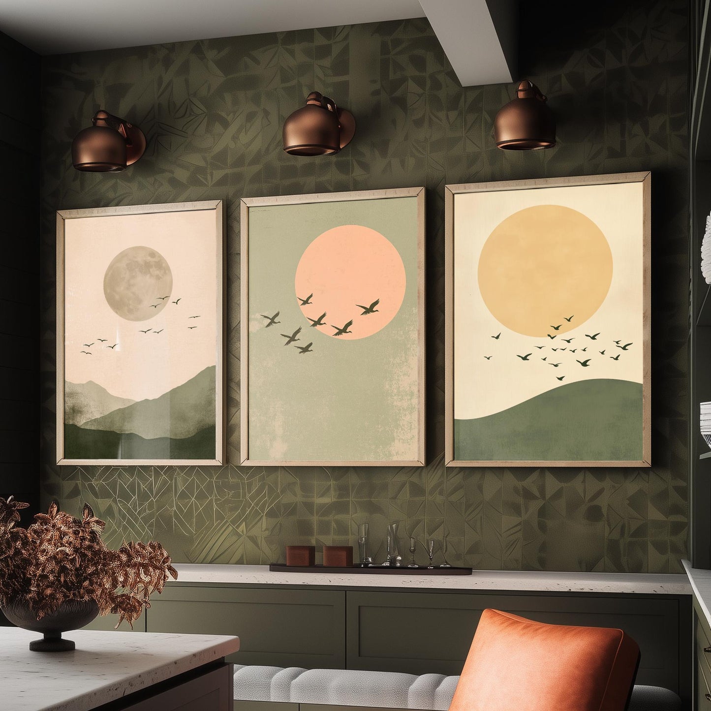 Birds in the Sky Set of Three Art Prints - Olive Green Boho Sun and Moon Posters - Minimalist Bird Flock Illustration Decor