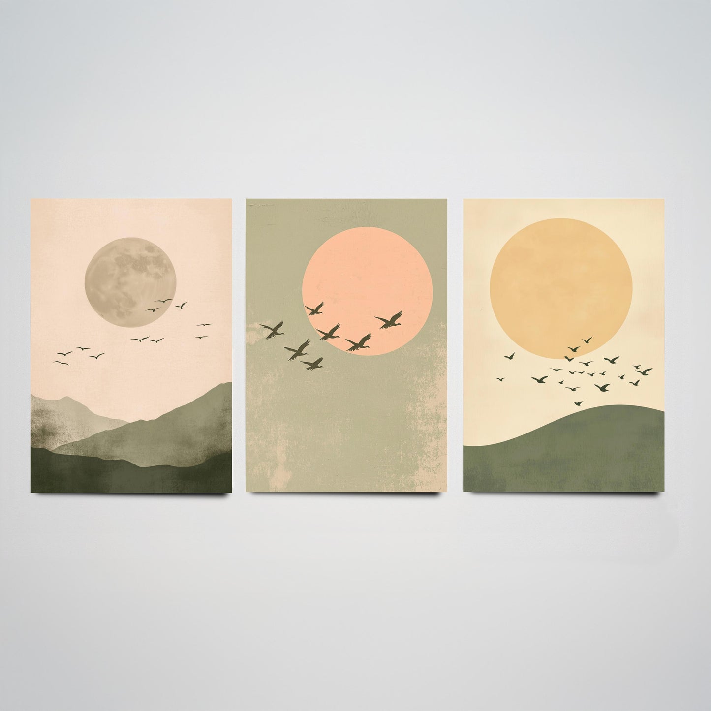 Birds in the Sky Set of Three Art Prints - Olive Green Boho Sun and Moon Posters - Minimalist Bird Flock Illustration Decor