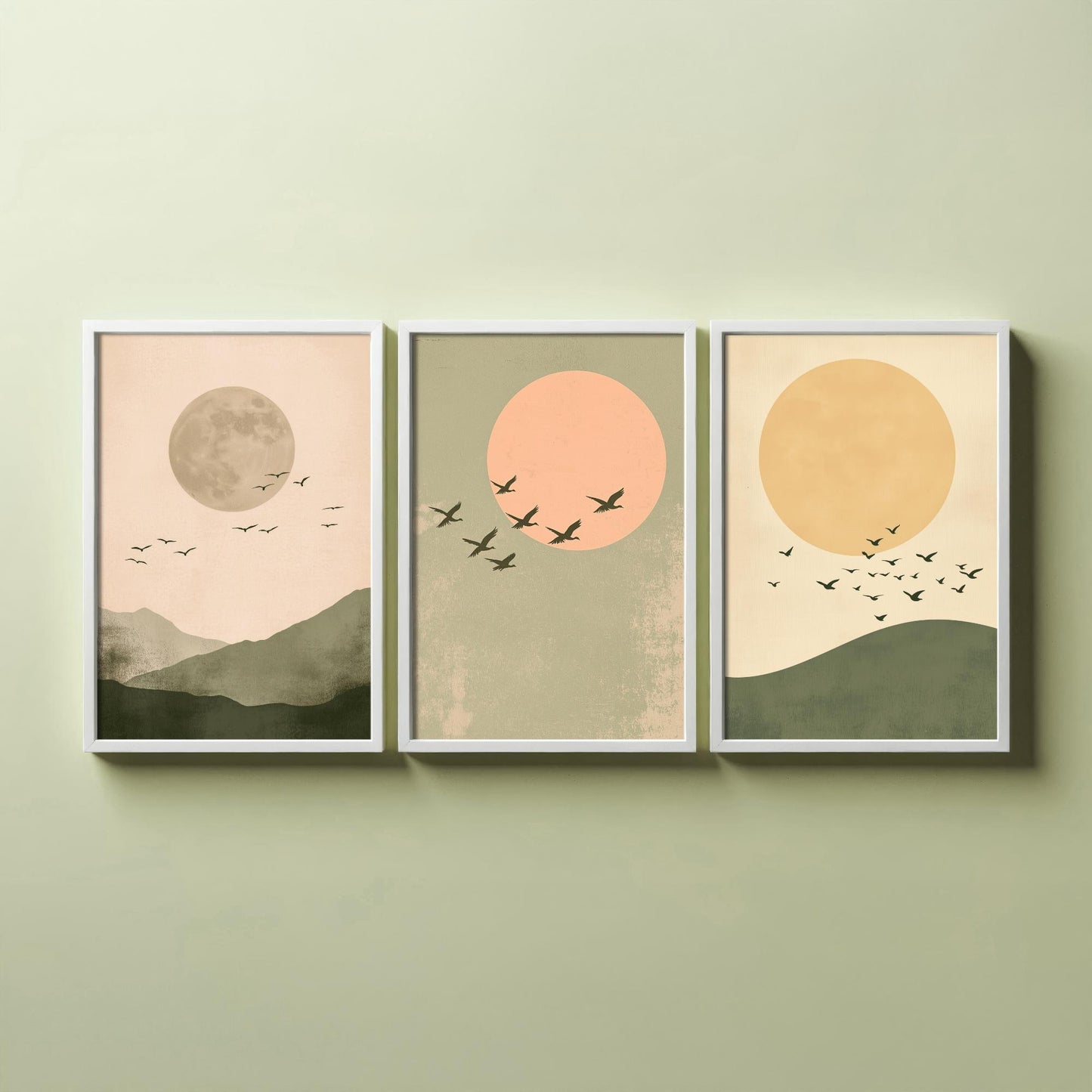 Birds in the Sky Set of Three Art Prints - Olive Green Boho Sun and Moon Posters - Minimalist Bird Flock Illustration Decor